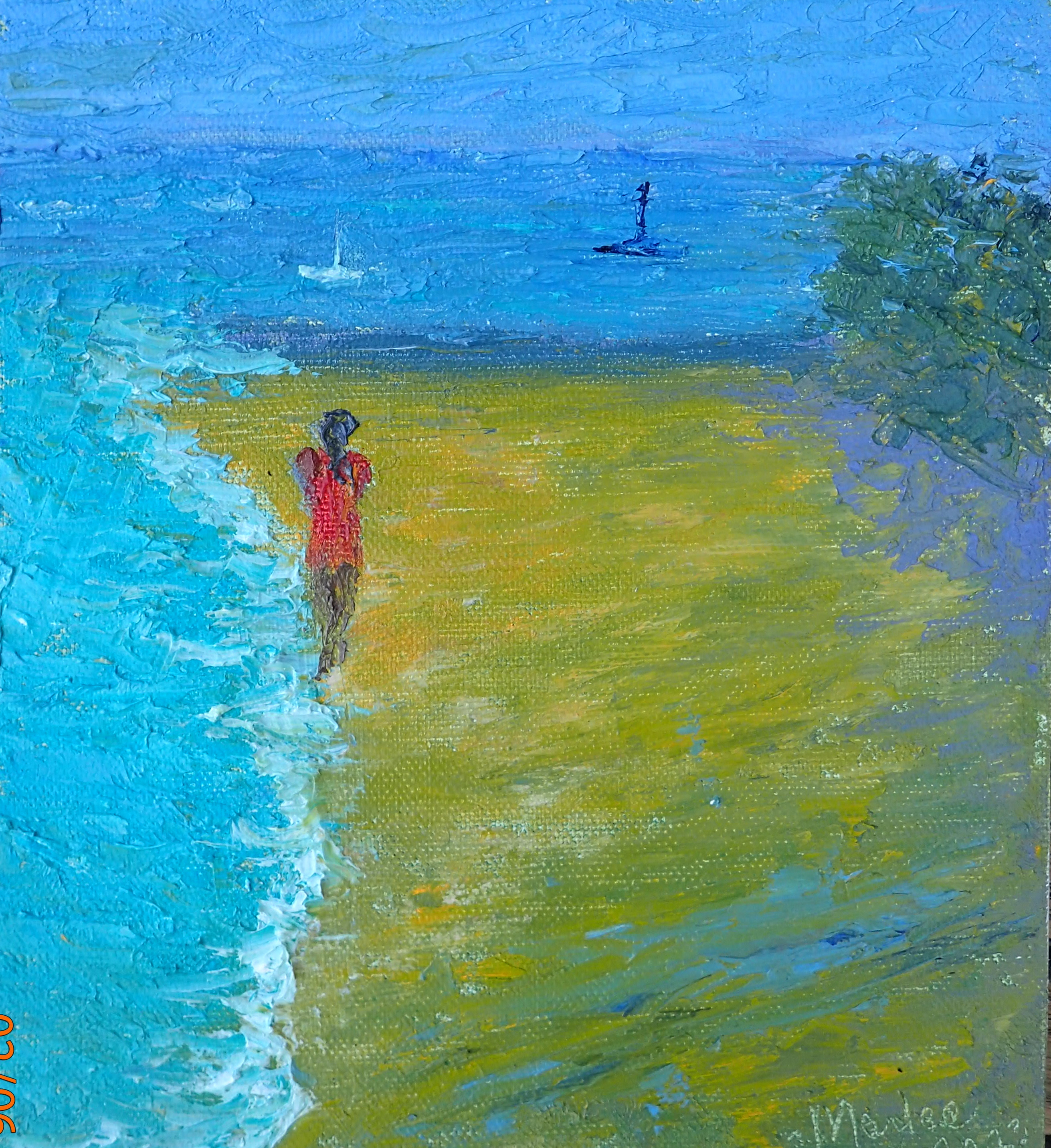 Original Oil on Canvas backed wood done with palette knife.   A breezy day whips the water onto the beach. 